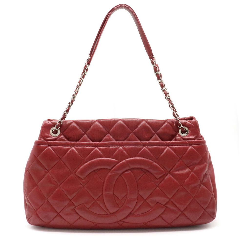 Chanel Matelasse Caviar Skin Here Mark Chain Tote Bag Leather Red Silver